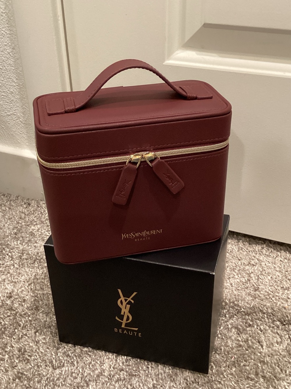 Yves Saint Laurent Burgundy Top-Handle Toiletry Case with Gold Zipper